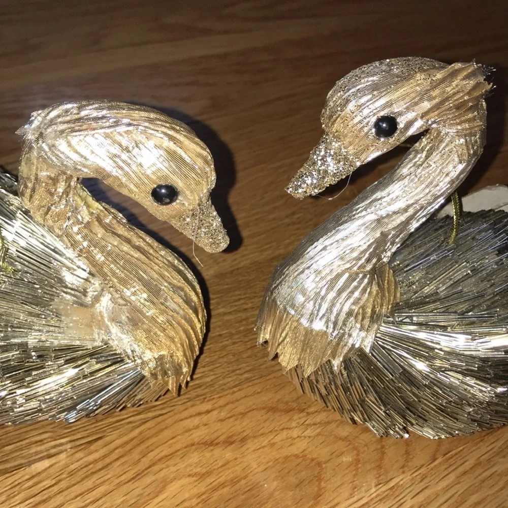 NWT Pair Anthropologie Gold Metallic Beaded Swan Ornaments
